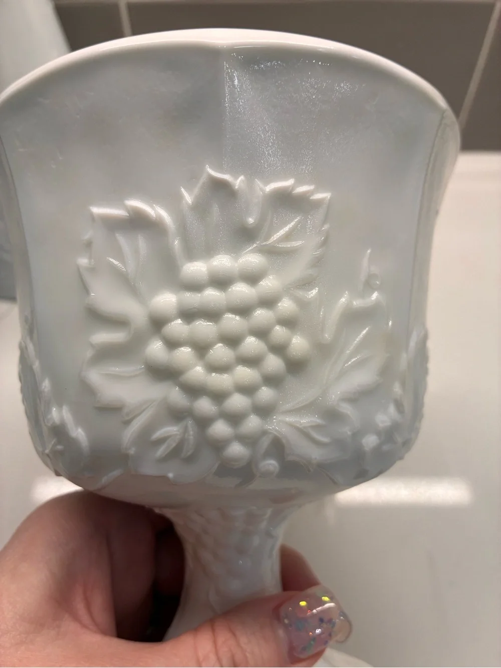 Vintage Indiana Glass Milk Glass Harvest Grape Set - Pedestal Vase & Compote